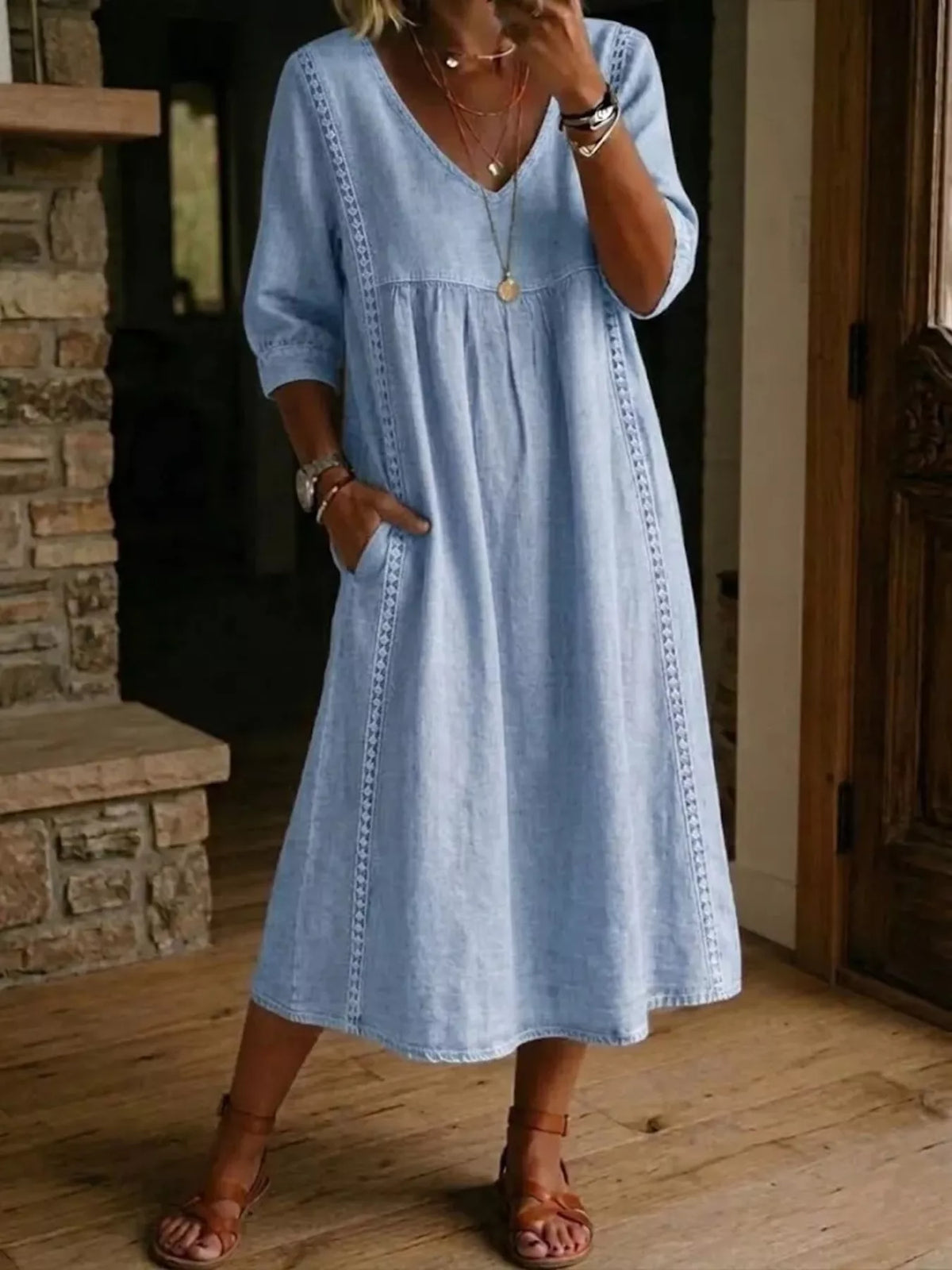 Full size V-neck 3/4 sleeve midi dress by Trendsi, plus size, with a fitted silhouette and stylish design.