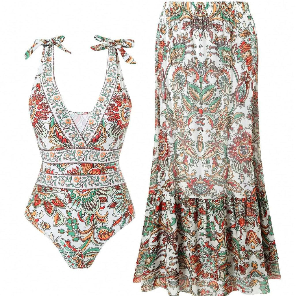 Ethnic style one-piece swimsuit for women featuring vibrant patterns, casual beachwear from Plush Fashion Hub.