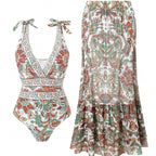 Ethnic style one-piece swimsuit for women featuring vibrant patterns, casual beachwear from Plush Fashion Hub.