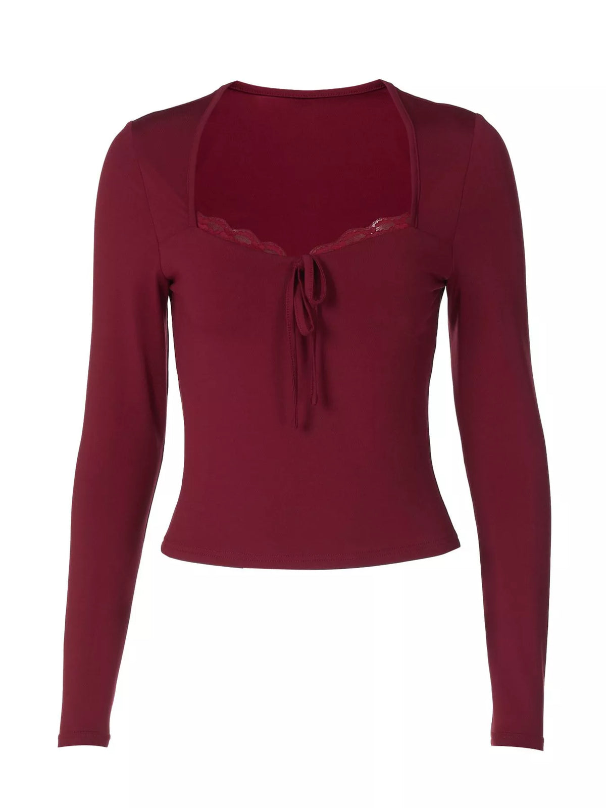 Long sleeve t-shirt with lace trim by Plush Fashion Hub, featuring a stylish and comfortable design in soft fabric.