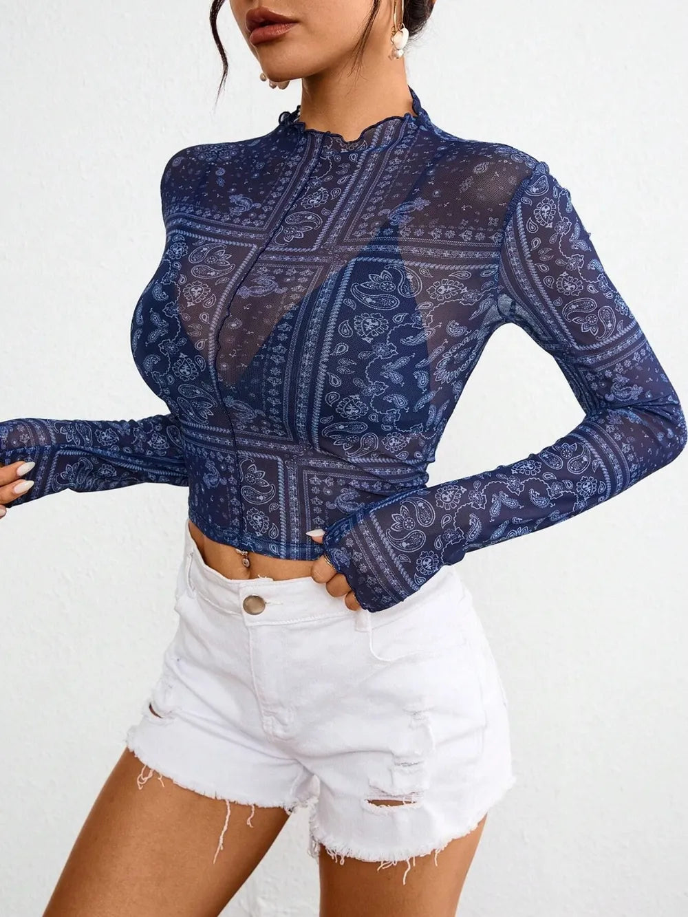 Paisley print sheer long sleeve mock neck top by Plush Fashion Hub, featuring a stylish pattern and lightweight, transparent fabric.