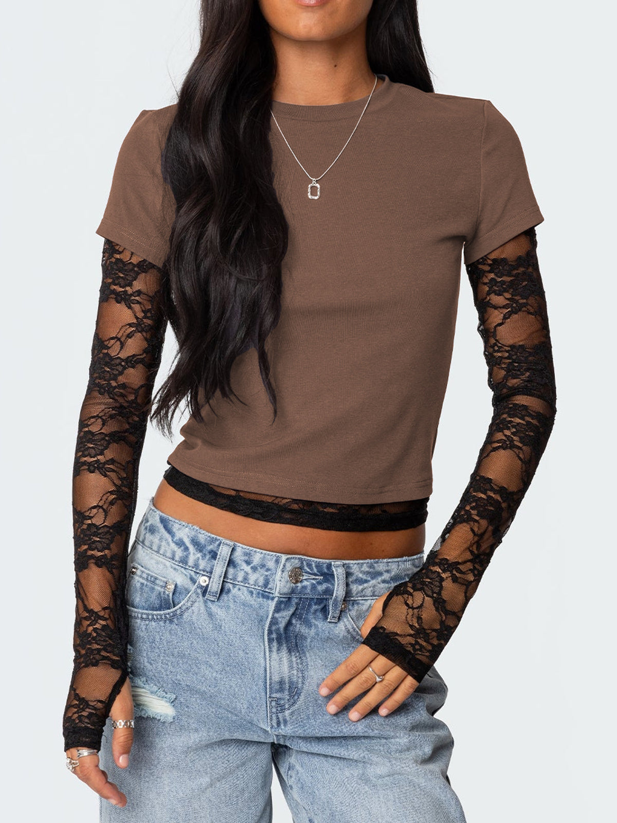 Women's fitted casual T-shirt with lace sleeves from Plush Fashion Hub, featuring a sleek, sophisticated design.