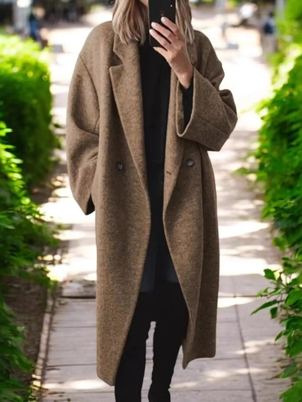 Plus size longline wool blend coat with lapel collar, casualwear style, in full size, featuring a warm, cozy outer layer.