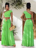 One-shoulder top and ruched maxi skirt set from Trendsi, featuring a stylish asymmetrical top and flowing skirt in a coordinated ensemble.