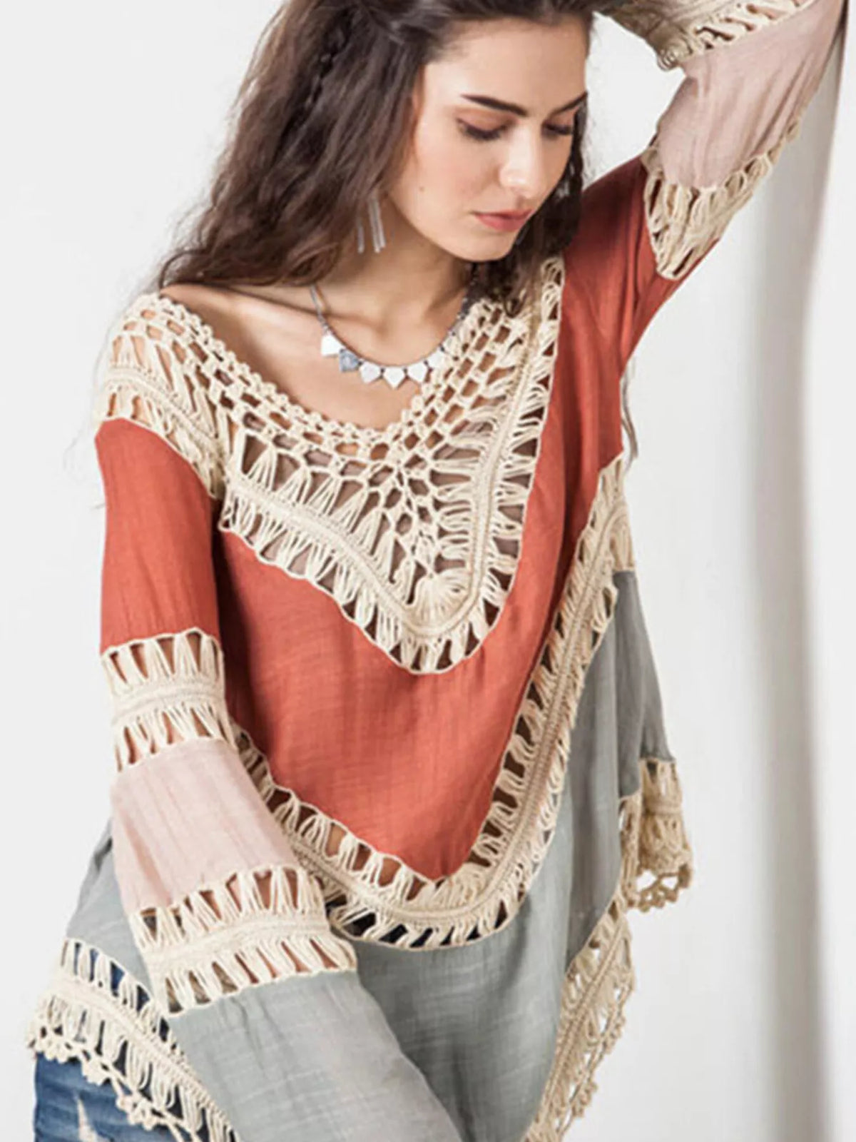 Crochet trimmed long sleeve swim cover up by Plush Fashion Hub, featuring lightweight fabric and stylish design for beachwear.