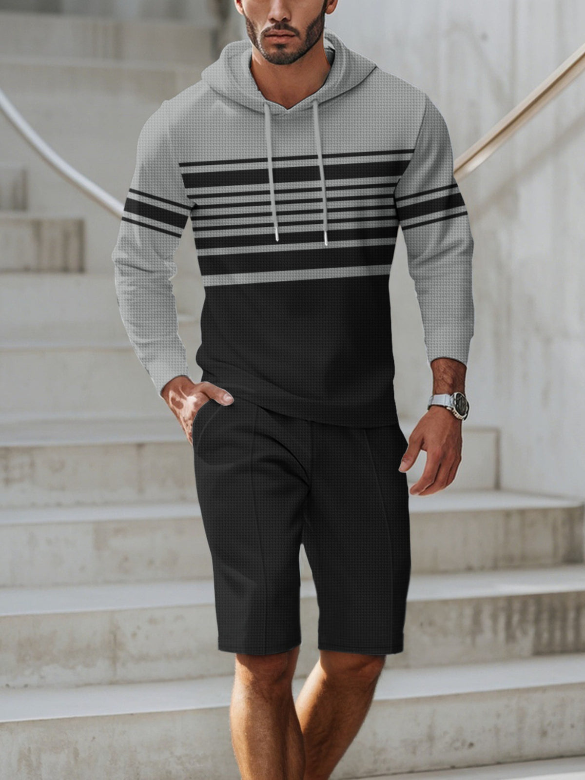 Plus size men's striped hoodie and shorts casual set by Plush Fashion Hub, featuring comfortable, stylish matching loungewear.
