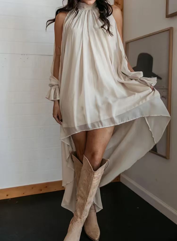 FitiqueFit high neck asymmetric maxi chiffon dress with loose fit long sleeves, perfect casualwear for stylish comfort.