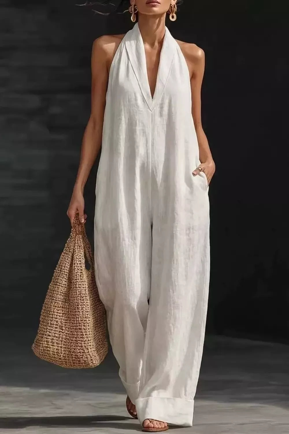 Women's sleeveless wide-leg jumpsuit with pockets from Plush Fashion Hub, casual romper in lightweight fabric, shown on a model.