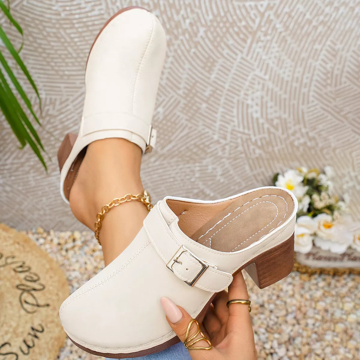Plush Fashion Hub round toe block heel sandals with stylish design, featuring a comfortable chunky heel and elegant strap details.