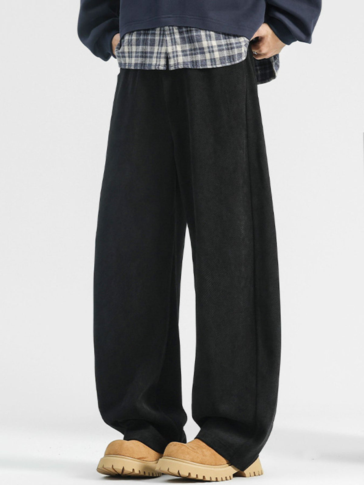 Men's plus size casual pants with loose fit and pockets, made by Plush Fashion Hub, shown in a relaxed fit style.