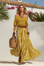 Women's off-shoulder top and slit maxi skirt set by FitiqueFit, casualwear ensemble with stylish, relaxed fit.