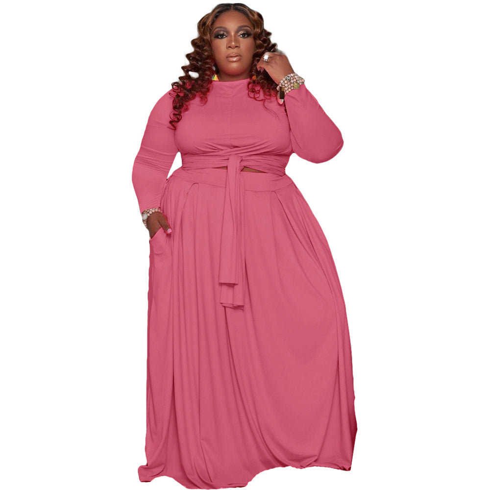 Plus size women's two-piece skirt set with long sleeves, stylish and fitted, from Trendy Attic Store01.