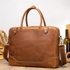 Pi-Mart Crazy Horse Leather men's briefcase with sturdy handle and classic design, perfect for professional business use.