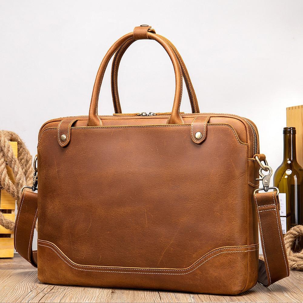 Pi-Mart Crazy Horse Leather men's briefcase with sturdy handle and classic design, perfect for professional business use.