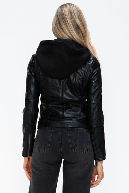 Snobbish  Leather Zip Up Drawstring Hooded Jacket