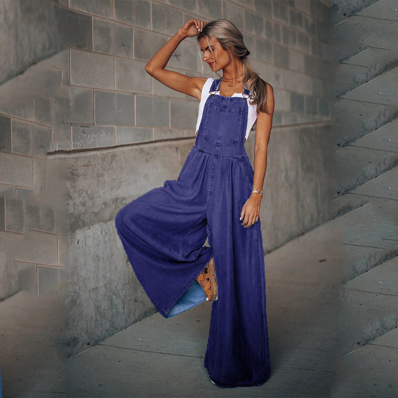 Women’s wide leg denim overalls from FitiqueFit featuring casualwear style, with adjustable straps and front pockets.