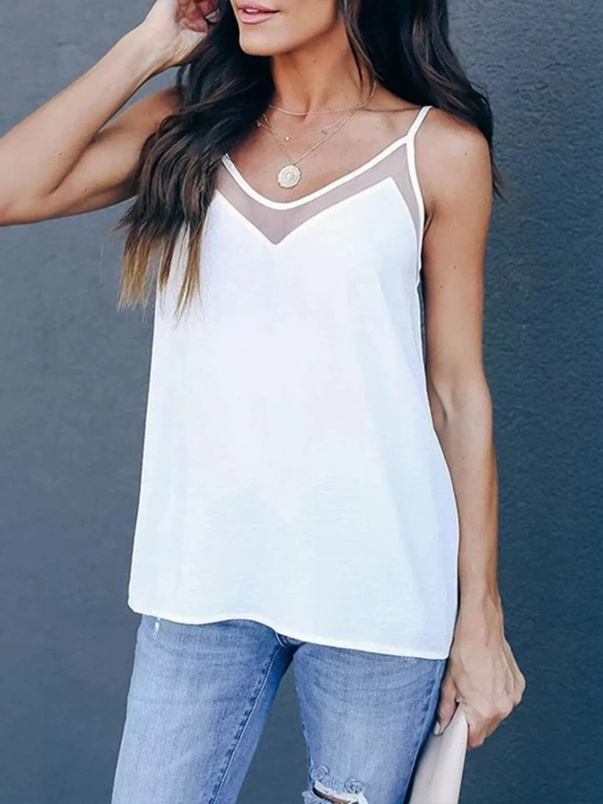 Plus size V-neck cami top from Plush Fashion Hub, full size, lightweight sleeveless blouse with a relaxed fit.