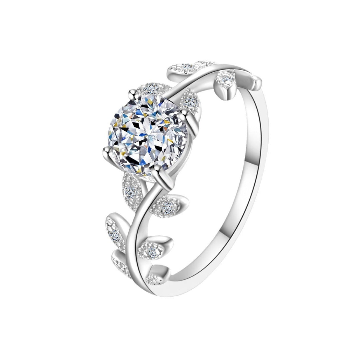 Sterling silver leaf ring with a 1-carat moissanite gemstone, showcasing intricate leaf detail and sparkling brilliance.