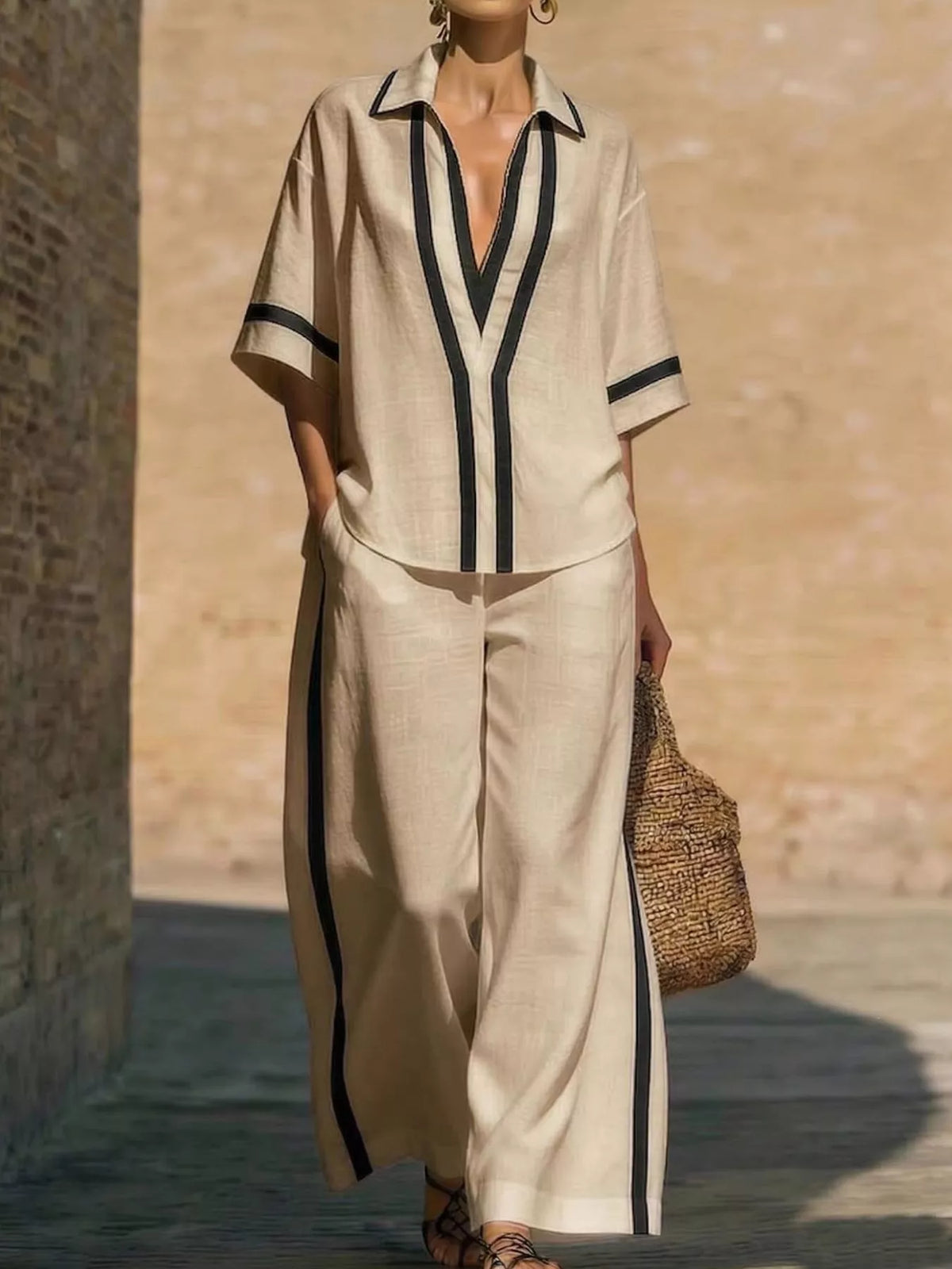 Plus size matching top and pants set with contrast trim from Trendsi, featuring a coordinated, stylish outfit for curvier figures.