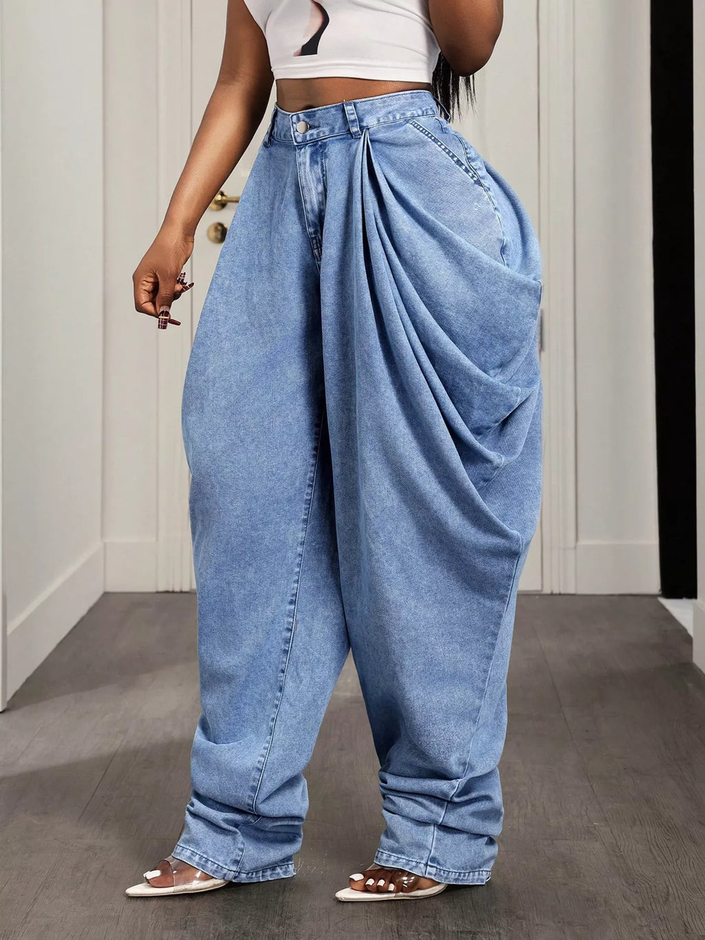 Shopimist Baggy Ruched Jeans showing relaxed fit, ruched detailing, and casual style on model.