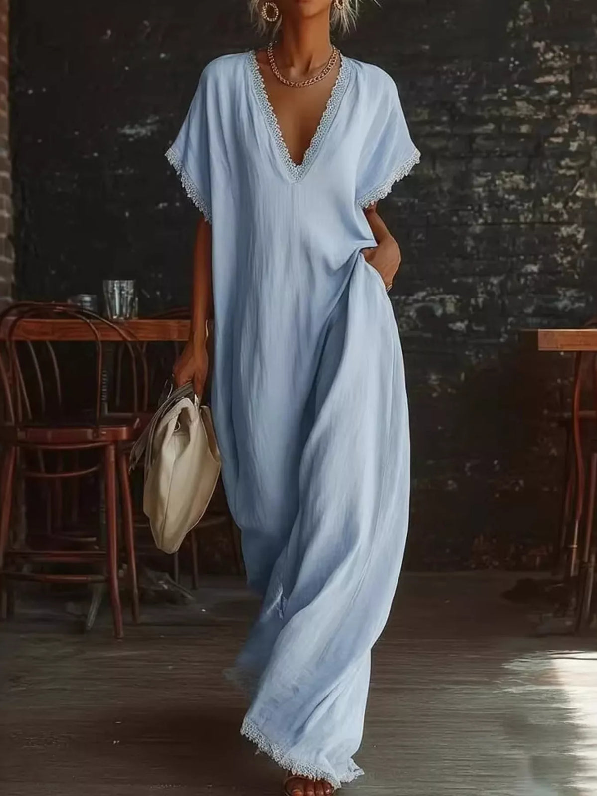 Plus size full-length maxi dress with lace trim and V-neck from Plush Fashion Hub, featuring elegant flowing fabric in a stylish design.