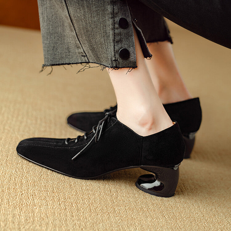 Women's retro sheepskin square toe chunky heel pumps with lace-up mid heel, featuring plush fashion hub branding.