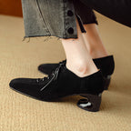 Women's retro sheepskin square toe chunky heel pumps with lace-up mid heel, featuring plush fashion hub branding.