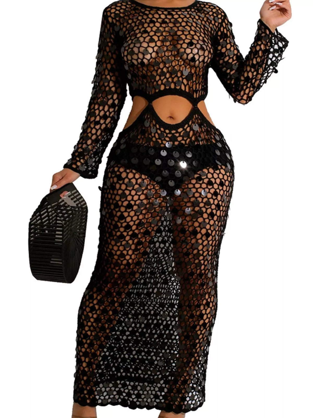 Plush Fashion Hub sequin mesh cutout maxi dress featuring a flowy silhouette and shimmering sequins for elegant evening wear.