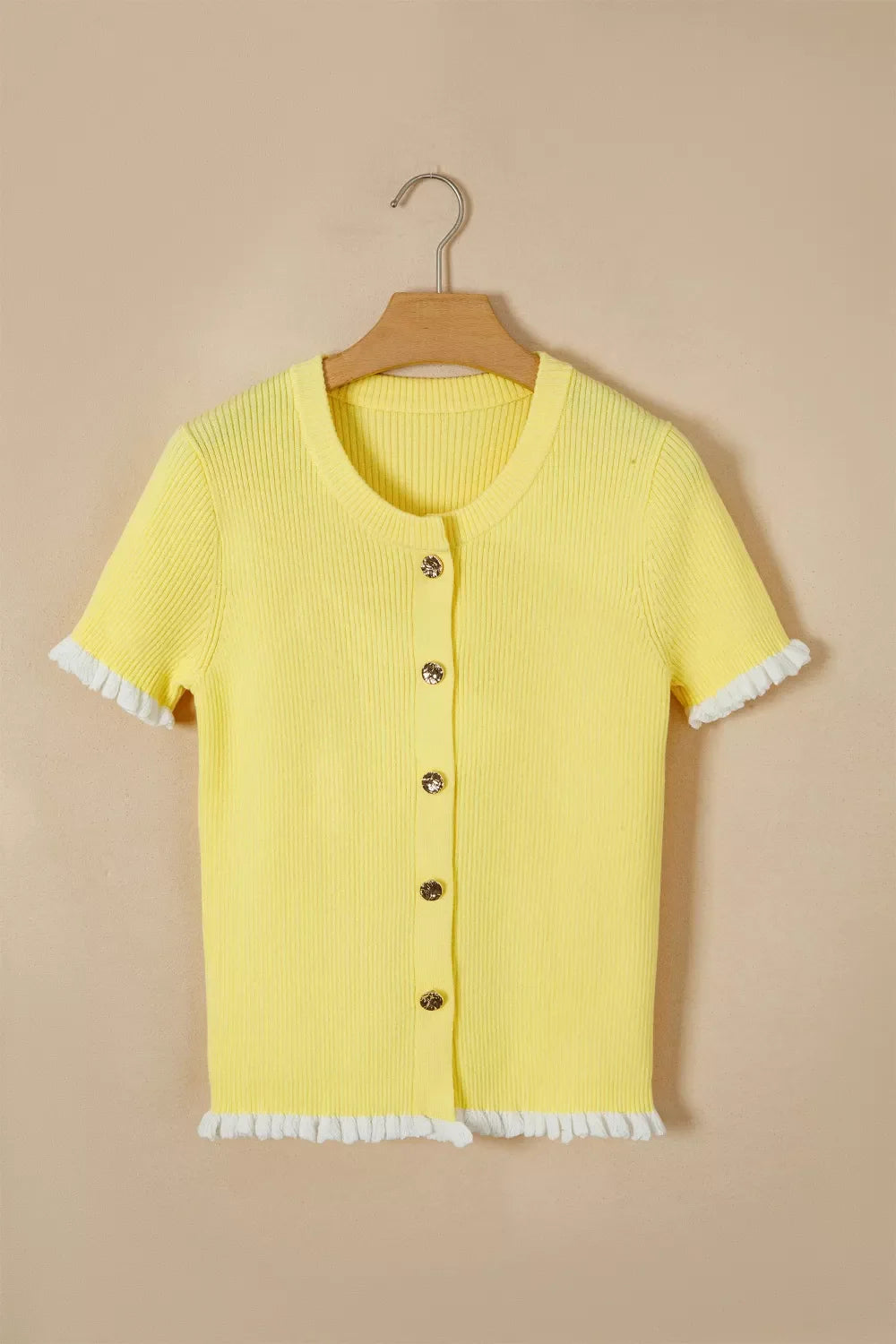 Ribbed knit contrast frilled short sleeve sweater cardigan by Plush Fashion Hub, featuring ribbed texture and feminine frill details.