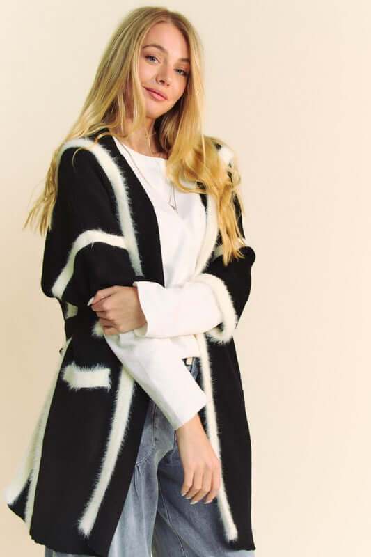 Davi & Dani Fuzzy Trim Open Front Loose Fit Cardigan in black and white styling.