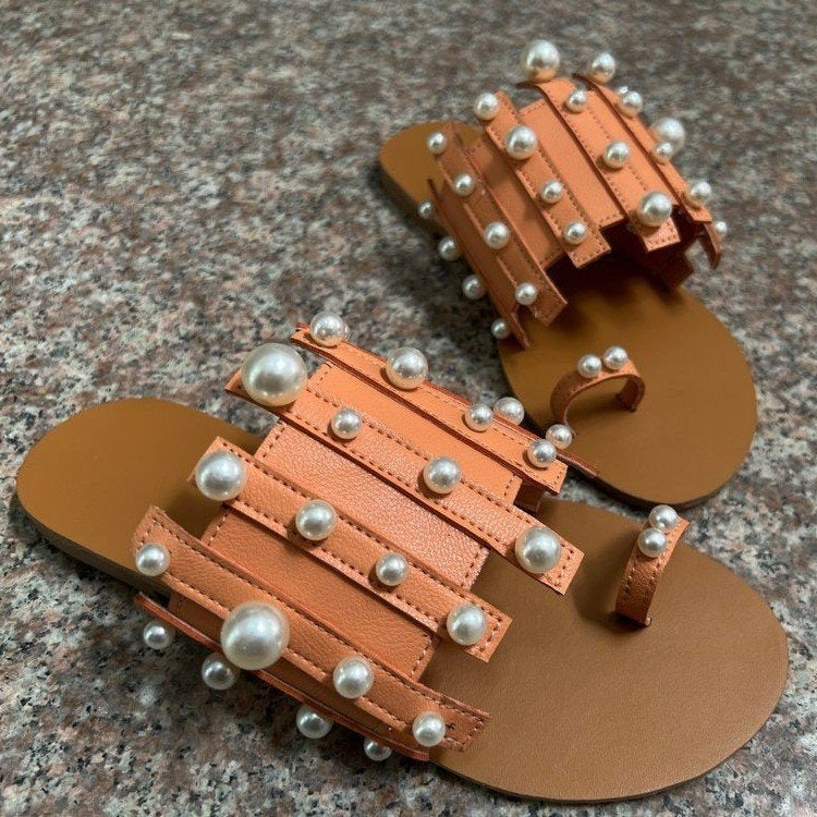 Pearl Embellished Beach Toe-Loop Flat Sandals