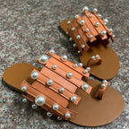 Pearl Embellished Beach Toe-Loop Flat Sandals