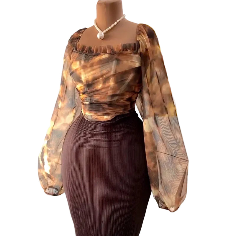 Square collar lantern sleeve top and high-waisted skirt set by Plush Fashion Hub, featuring stylish design and matching fabric.