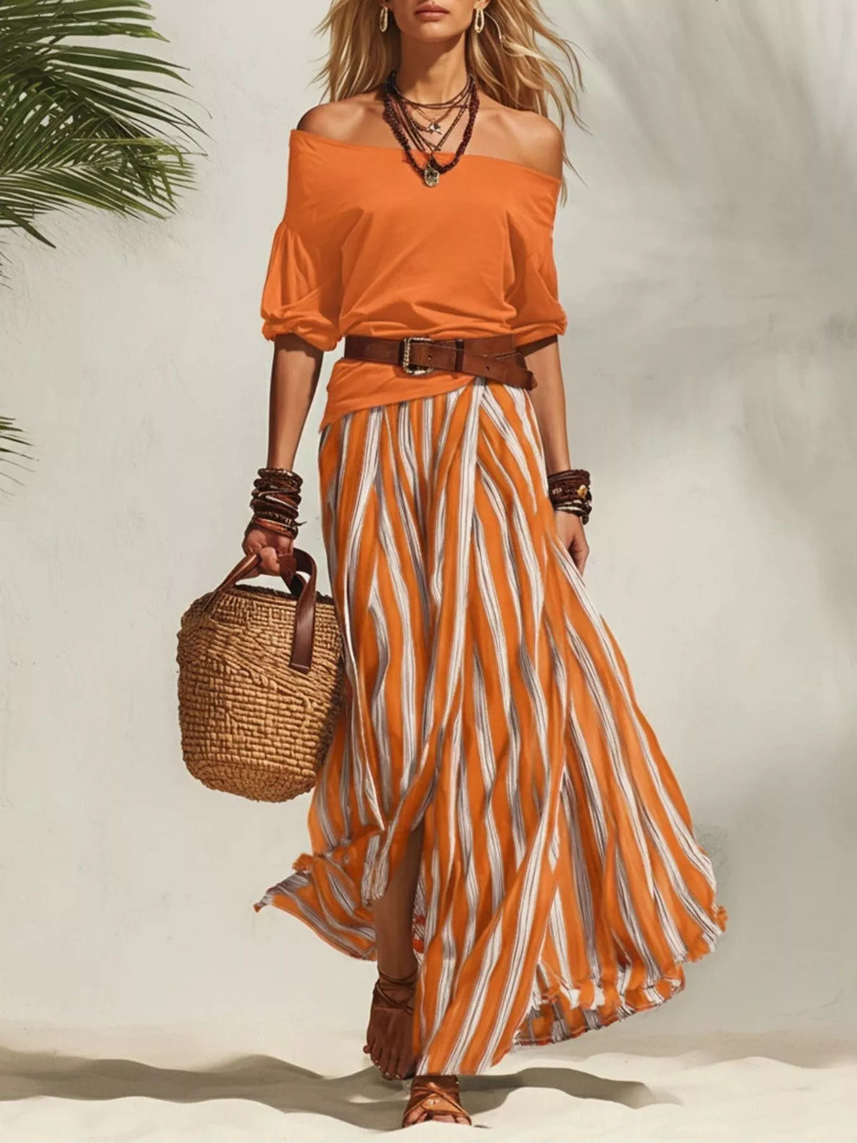 Off shoulder top and striped maxi skirt set by Plush Fashion Hub, featuring a stylish matching ensemble with a flowy skirt and trendy top.