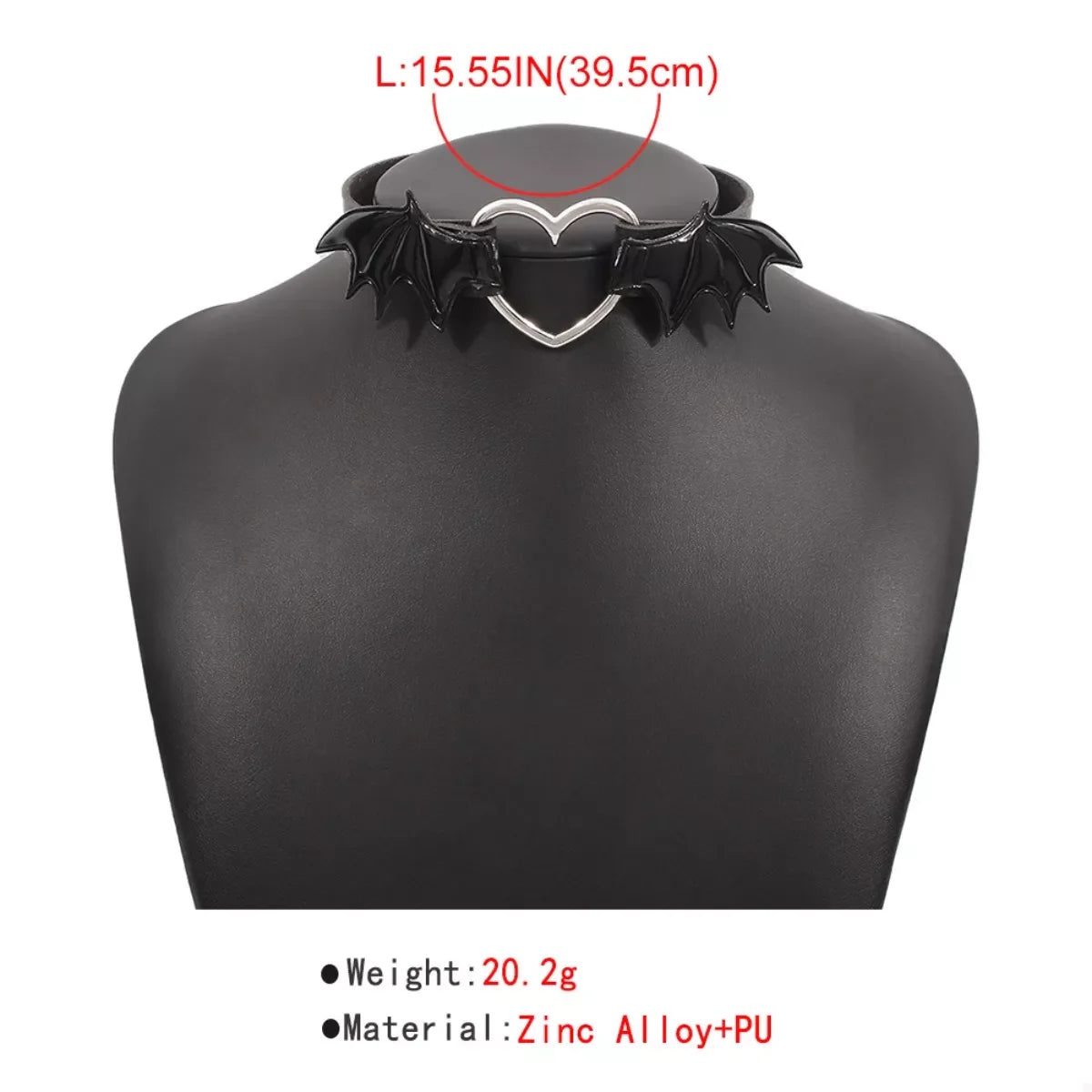 Gothic bat wing heart choker necklace with black and silver details, featuring a pendant shaped like bat wings and a heart.