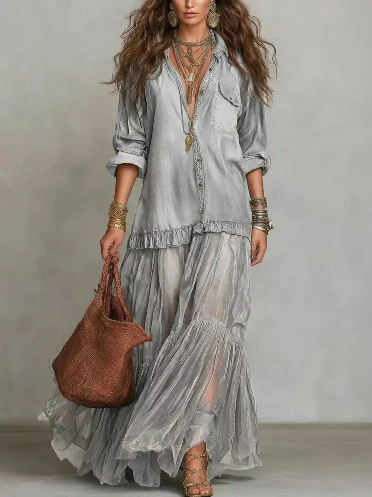 Long sleeve sheer ruffle maxi dress from Plush Fashion Hub featuring flowy fabric and elegant ruffle details.