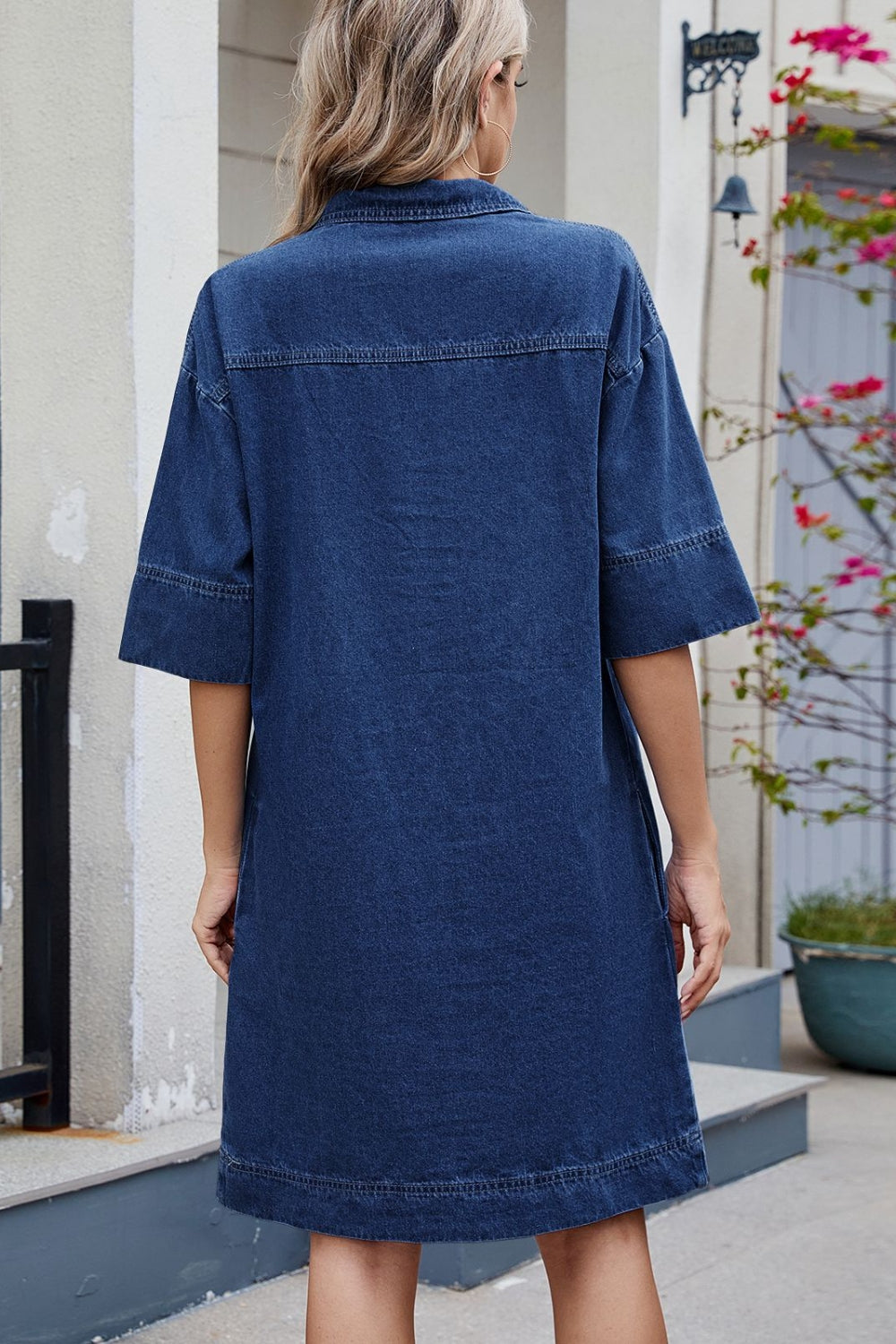 Plush Fashion Hub Johnny collar half sleeve denim dress displayed on a hanger, showcasing casual fashion with button details.