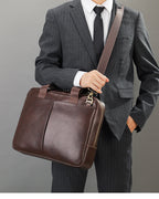 Genuine leather Pi-Mart men's large capacity briefcase with horizontal design, first layer cowhide, computer storage, professional style.