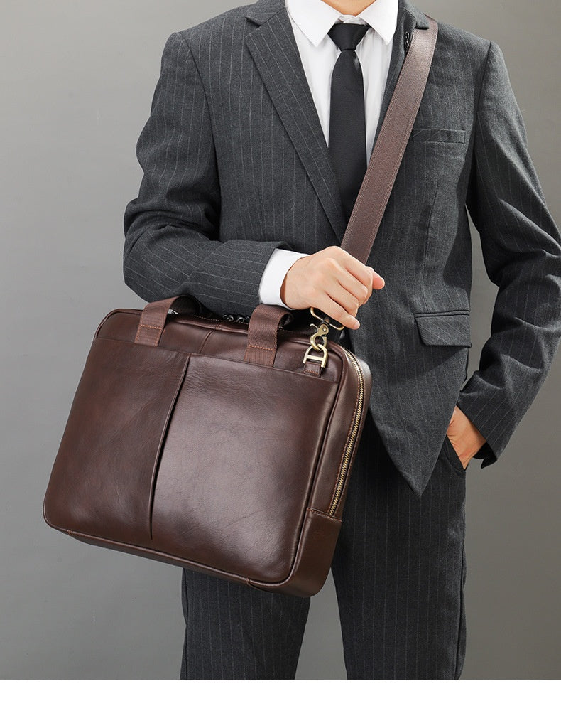 Genuine leather Pi-Mart men's large capacity briefcase with horizontal design, first layer cowhide, computer storage, professional style.