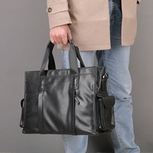 Genuine leather men's briefcase by Pi-Mart, large capacity horizontal design with cowhide for computer storage.