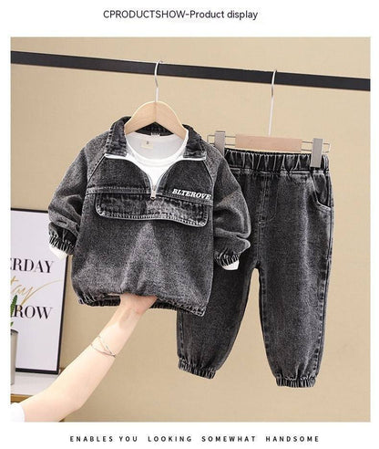 Boys Clothing New Clothes Fashionable Handsome Children's ClothingTransform your little boy into a fashionable and handsome young man with our Boy's Spring Clothing! Made from soft denim fabric, this two-piece suit in black or blueBaby clothsPlush Fashions ShopPlush Fashion Shop