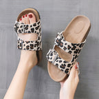 Leopard print buckle slide sandals from eprolo featuring a stylish slip-on design and animal print pattern.
