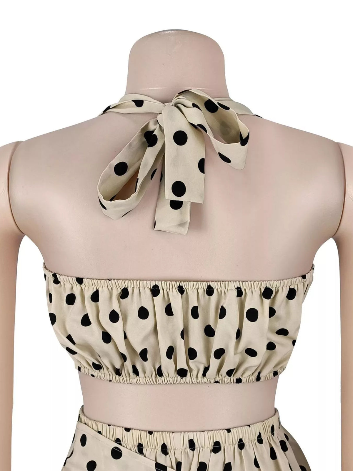 Polka dot halter neck cami and fringe trim pants set by Plush Fashion Hub, featuring rings detail and stylish design.
