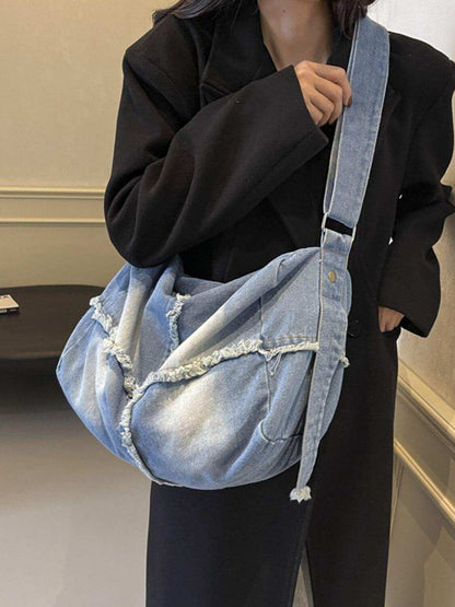 Raw Hem Gradient Crossbody Bag for Women in Denim