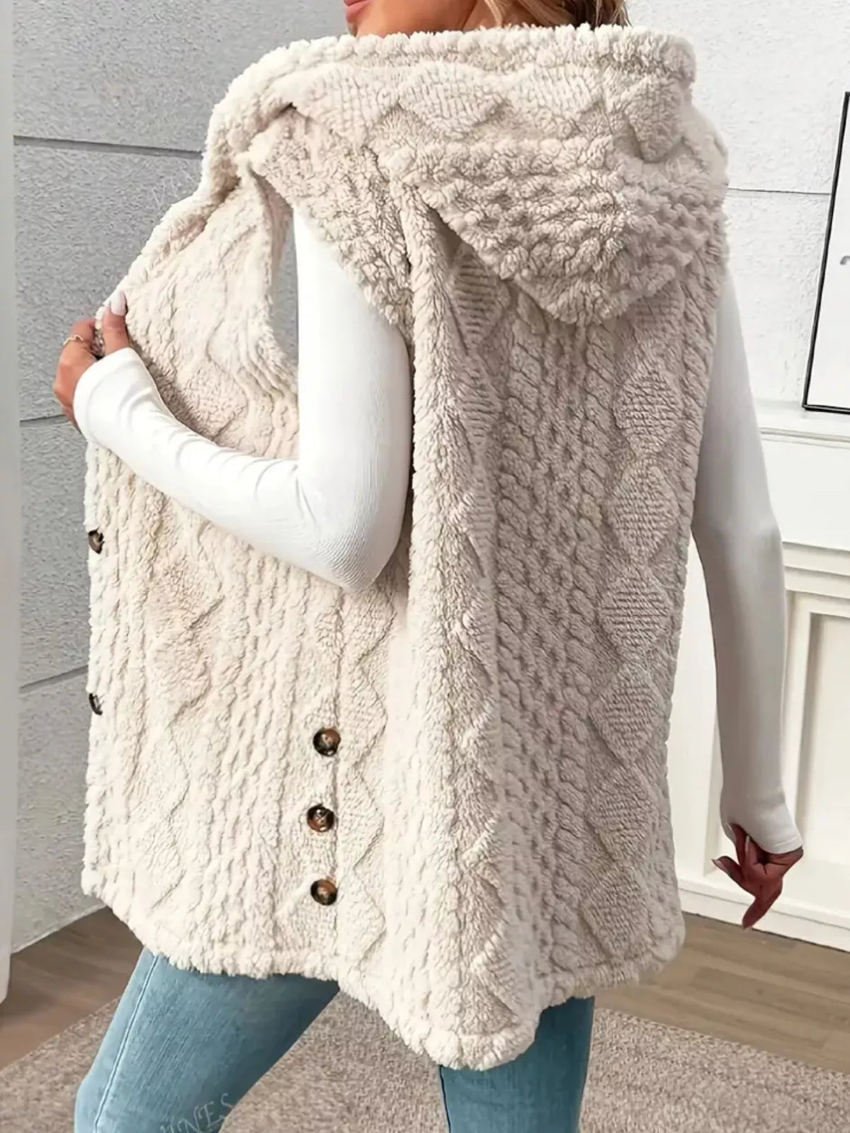 Simply Love hooded button-up sherpa vest coat with plush lining and front buttons, perfect for cozy outdoor wear.