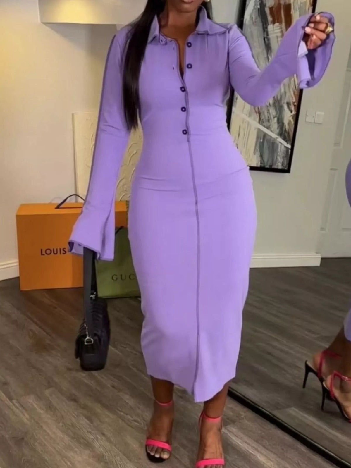 Button front long sleeve midi dress by Plush Fashion Hub, featuring a stylish midi length and classic button details.