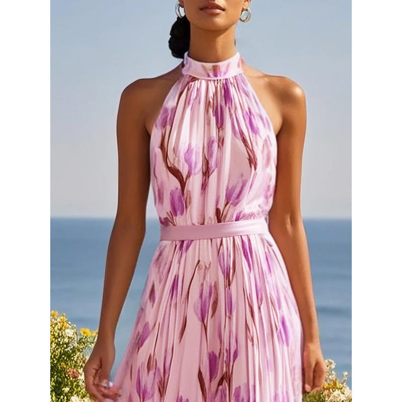 Women's FitiqueFit halterneck high-waist swing dress with floral and solid prints, perfect for casualwear.