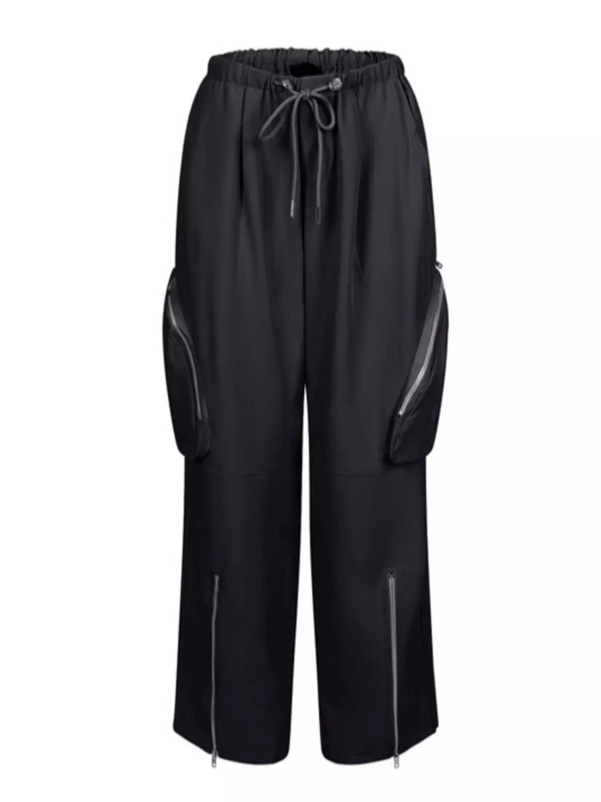 Drawstring cargo pants with zipper accents by Trendsi, featuring multiple pockets and a relaxed fit for casual style.