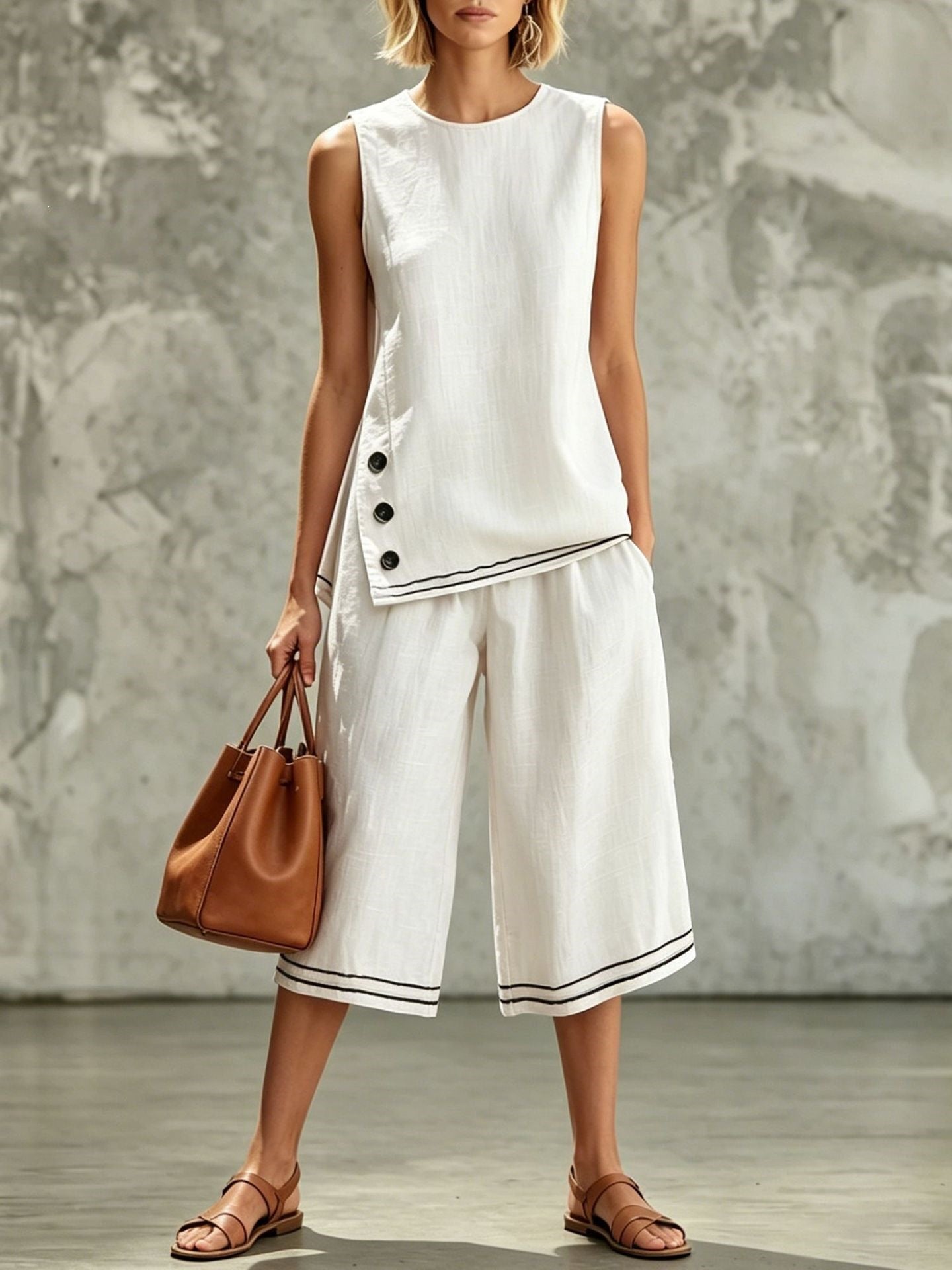 Women's tank top and wide-leg pants set by Plush Fashion Hub with side splits, pockets, and button details.