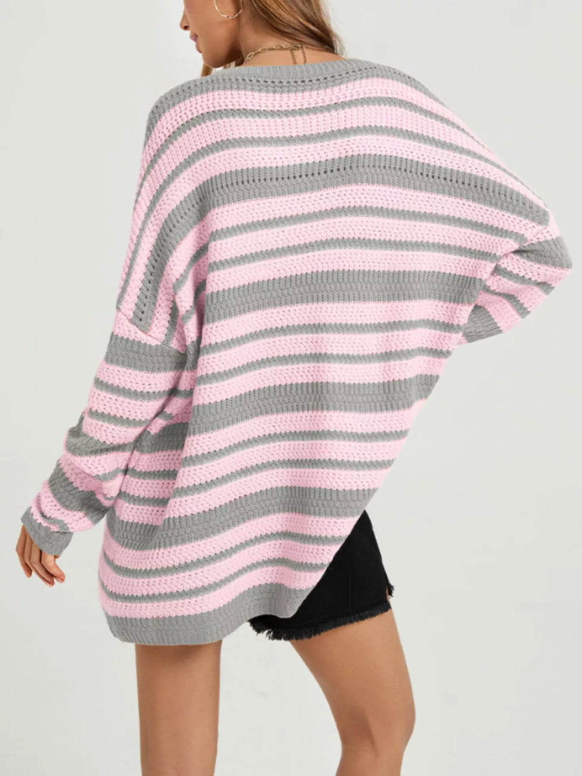 Trendsi women's striped drop shoulder sweater featuring a cozy knit design and relaxed fit in neutral tones.